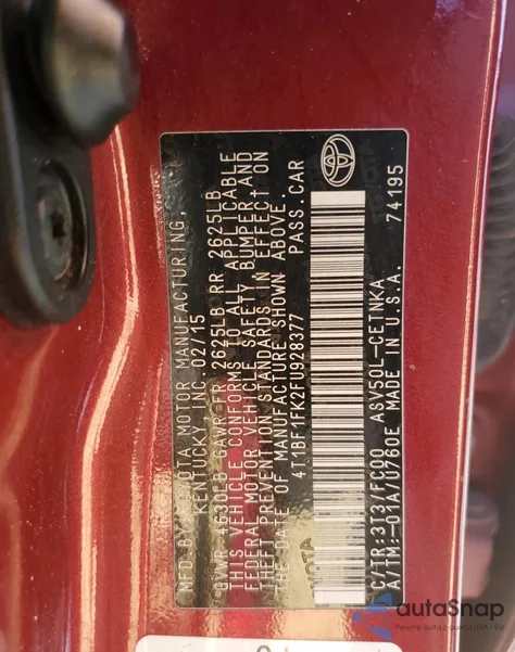 2015 Toyota Camry Le from USA, damaged, VIN 4T1BF1FK2FU928377